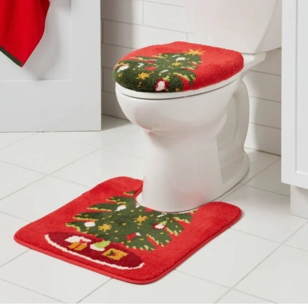WonderShop 2-Pc Christmas Tree Toilet Lid Cover & Contour Rug Set Red | Holiday